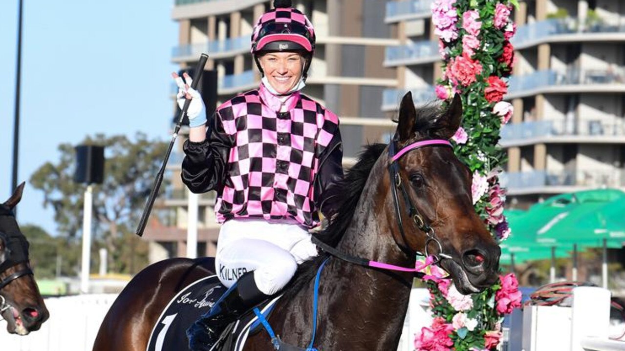 Leah Kilner all smiles after riding Emerald Kingdom to victory at Eagle Farm. Picture: Grant Peters, Trackside Photography