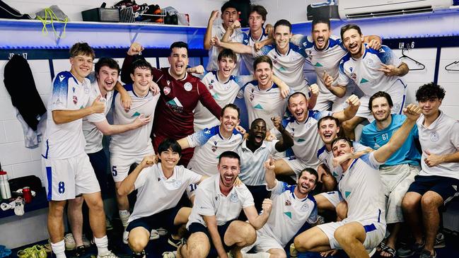 Marlin Coast Rangers FC celebrates after their victory over MA Olympic in the Kappa Queensland Cup's Northern Regional Final. Picture: Jason Galea