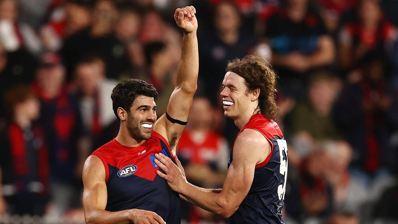 Christian Petracca and Ben Brown celebrate a goal against the Western Bulldogs in Round 1 of the 2022 season at the MCG. Picture: Michael Klein