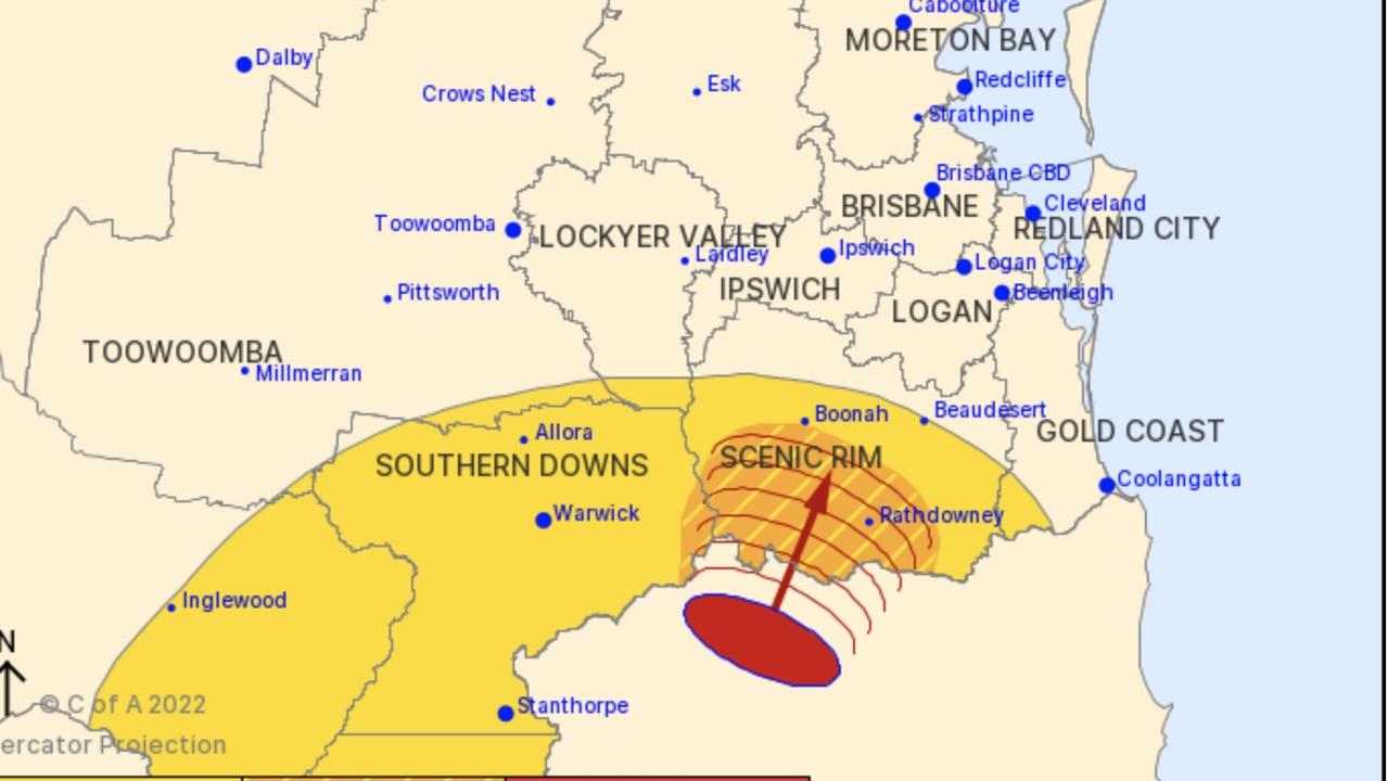 The BOM issued a severe storm warning for people in parts of Scenic Rim and Southern Downs Council Areas at 12:23am on Sunday.