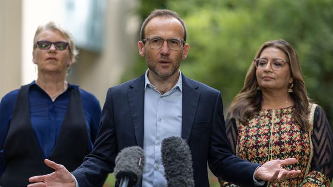 Greens leader Adam Bandt, centre, and deputy leader Mehreen Faruqi, right, did not comment on Sinwar’s death. Picture: Gary Ramage