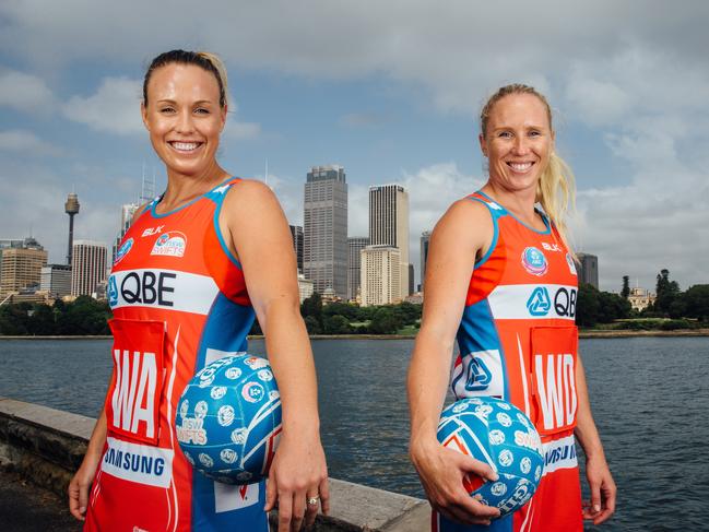 **EMBARGOED UNTIL SATURDAY 20/2/16 FOR TELEGRAPH SPORT** NSW Swifts captain Kimberlee Green (left) and vice captain Laura Langman pictured at Mrs Macquarie's Chair, Sydney. Picture: Jonathan Ng