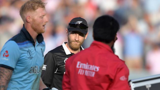 Kane Williamson (right) with England’s Ben Stokes during the World Cup final. Picture: AFP