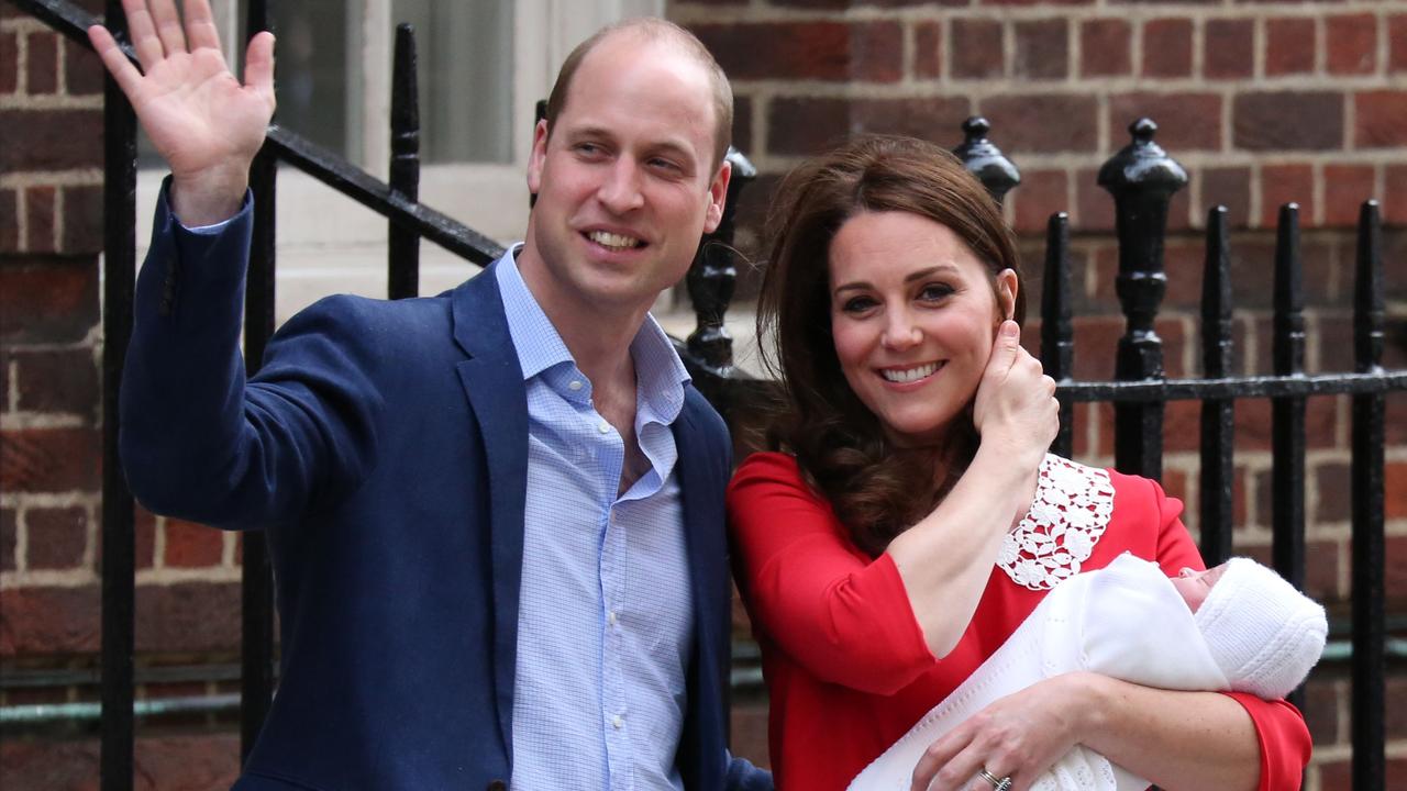 William and Kate waving to media outside St Mary’s Hospital, just hours after the birth of Prince Louis last year. Picture: Isabel Infantes/AFP