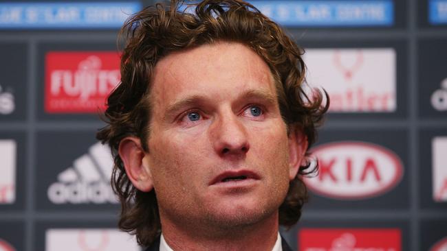 MELBOURNE, AUSTRALIA - AUGUST 18: James Hird cries as he talks to the media following his resignation as head coach of the Essendon Bombers AFL Football Club at True Vaule Solar Centre on August 18, 2015 in Melbourne, Australia. (Photo by Michael Dodge/Getty Images)