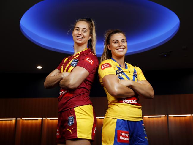 NRWL stars Kezzie Apps and Jess Sergis at the NSW Rugby League Centre of Excellence ahead of the City vs Country game at Bankwest Stadium on Saturday. Picture: Jonathan Ng