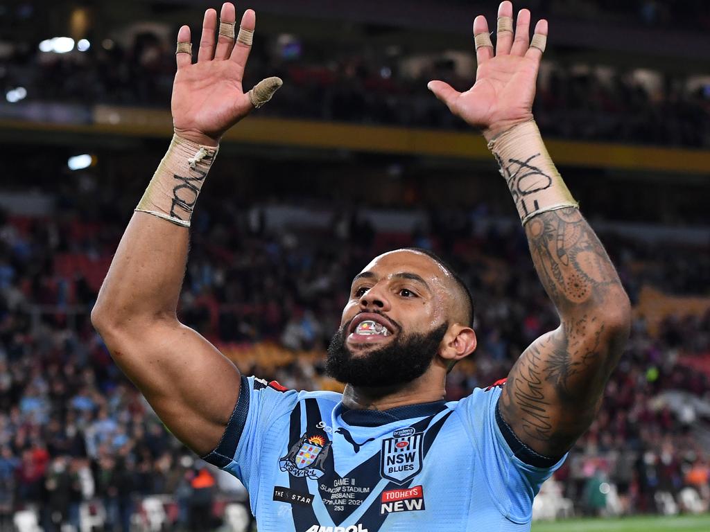 Josh Addo-Carr celebrates winning game two of the 2021 State of Origin series. Picture: Bradley Kanaris/Getty Images