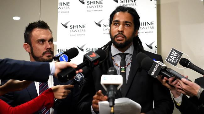 Joel Wilkinson makes a statement to the media with lawyer Will Barsby. Picture: Nicole Garmston