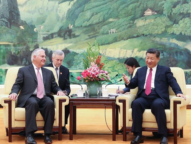 US Secretary of State Rex Tillerson (left) meets with Chinese President Xi Jinping (right) at the Great Hall of the People in Beijing. Picture: AFP/Lintao Zhang