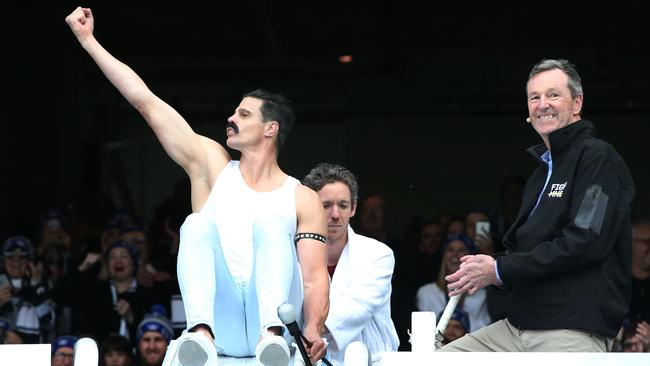 Former St.Kilda player Nick Riewoldt goes down the slide for Fight MND’s Big Freeze 5. Picture: Getty Images