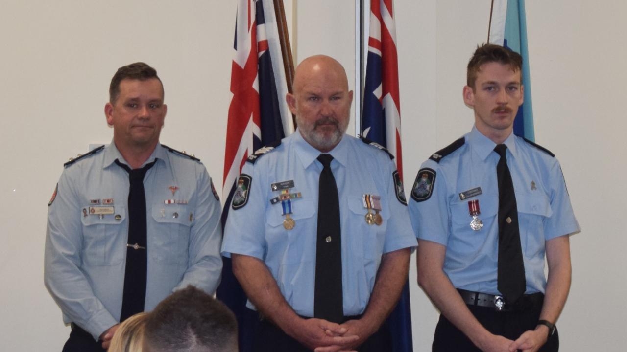 Sergeant Wylie Steel, Constable Callam Moriarty, and Vaughan Mason at the Queensland Police Awards on Wednesday, July 10, 2024. Picture: Aden Stokes