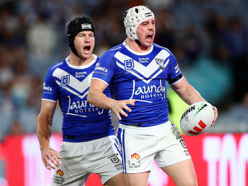 Reed Mahoney and Matt Burton celebrate a try last season.