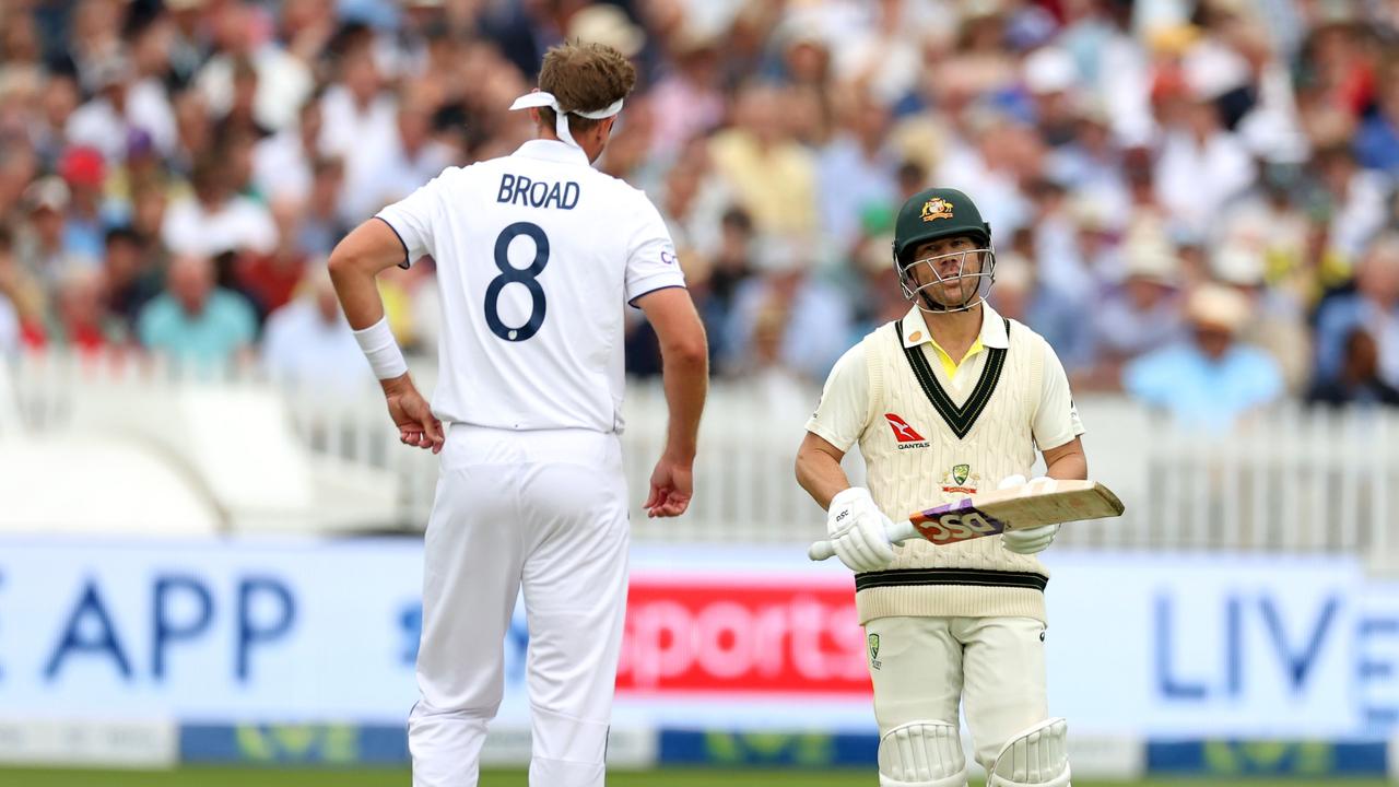 Stuart Broad and David Warner early on the opening day of the second Test. Picture: Getty