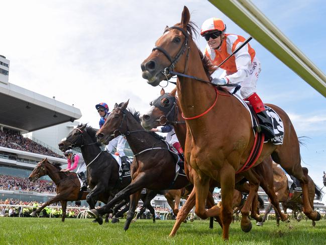 Vow And Declare ridden by Craig Williams wins the Lexus Melbourne Cup ,at Flemington Racecourse on November 05, 2019 in Flemington, Australia. (Reg Ryan/Racing Photos via Getty Images)