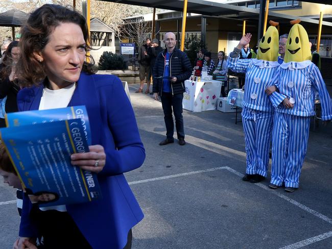 Volunteers dressed as the Bananas in Pyjamas follow Georgina Downer at the Mayo by-election in July. A similar stunt is planned for Boothby. Picture: AAP / Kelly Barnes