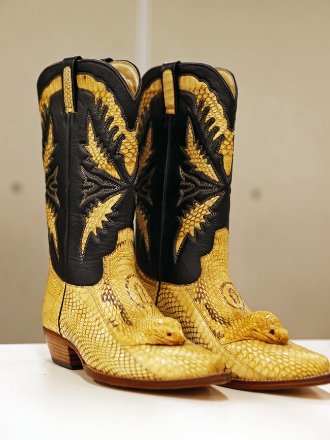 A pair of seized boots made from cobra snakes. Picture: Sam Ruttyn