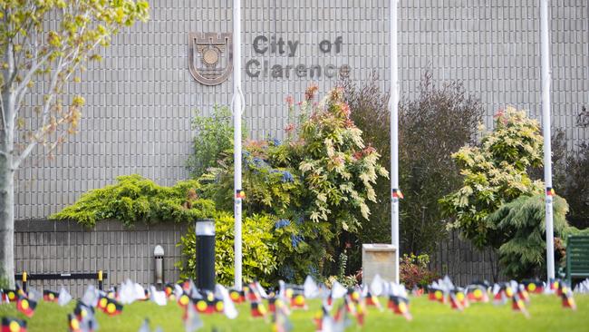 Aboriginal flags at Clarence City Council chambers. Picture: RICHARD JUPE