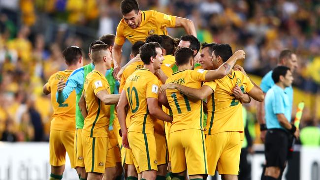 The Socceroos celebrate reaching the 2018 FIFA World Cup.