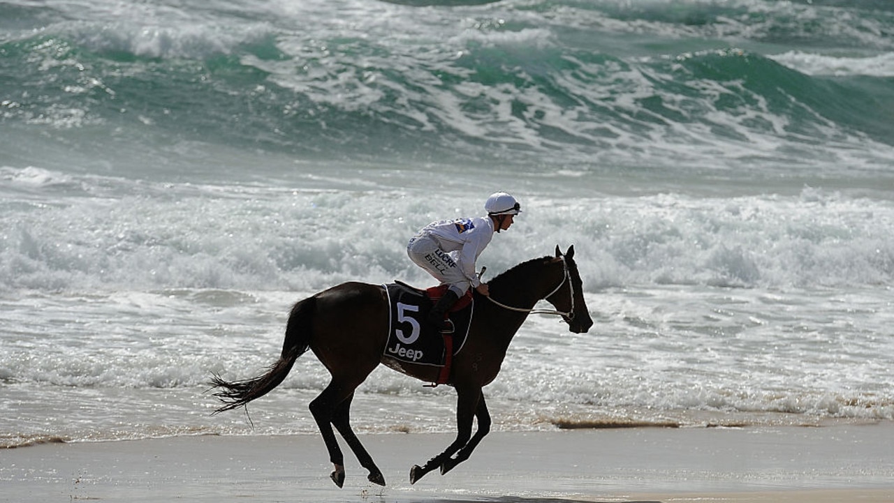 GOLD COAST, AUSTRALIA - JANUARY 06:  Horses race on the beach before the Magic Millions Barrier Draw  on January 6, 2015 on the Gold Coast, Australia.  (Photo by Matt Roberts/Getty Images)
