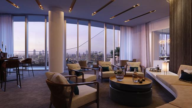 An impression of a lounge inside the high-rise.