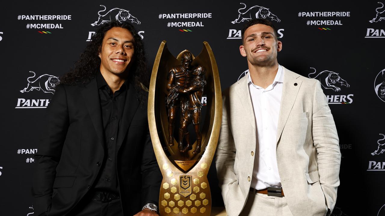 Jarome Luai and Nathan Cleary on the black carpet for the Panthers presentation night at the Pullman Hotel in Penrith. Picture: Jonathan Ng.