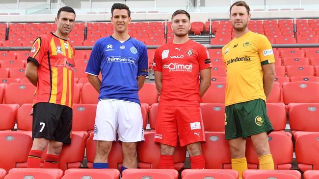 Captains Michael D’Aloisio, of MetroStars, Chris Annicchiarico, of Blue Eagles, Shaun Harvey, of Campbelltown City, Jack Schoen, of Cumberland United. Picture: Tom Huntley