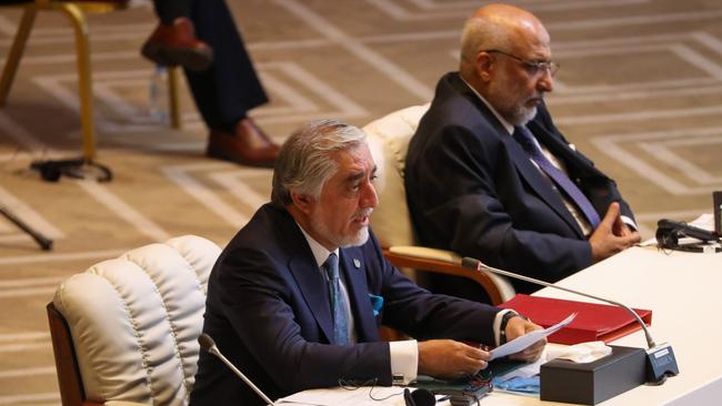 Abdullah Abdullah (L), Chairman of Afghanistan's High Council for National Reconciliation, speaks the opening session of the peace talks. Picture: AFP