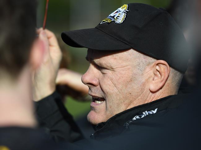 Rodney Eade, senior coach of Balwyn addresses his players during quarter time at Balwyn Park in Melbourne, Saturday, June 29, 2018. EFL (Div 1): Balwyn v Montrose. (AAP Image/James Ross) NO ARCHIVING