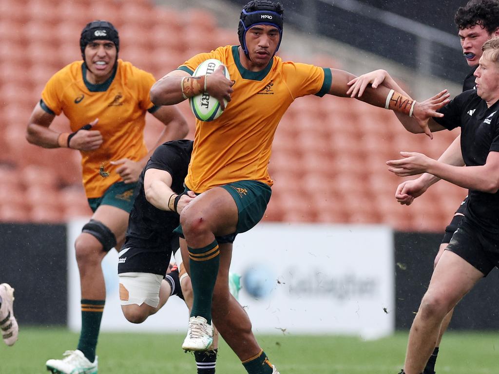 Heinz Lemoto in action for Australia’s Under 18s against New Zealand Schools in Waikato during 2024. Picture: Fiona Goodall/Getty Images for Rugby Australia