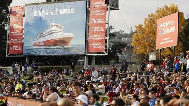 Fans watch on during the 2021 AFL Round 07 match between the North Melbourne Kangaroos and the Melbourne Demons at Blundstone Arena on May 02, 2021 in Hobart, Australia. (Photo by Dylan Burns/AFL Photos via Getty Images)