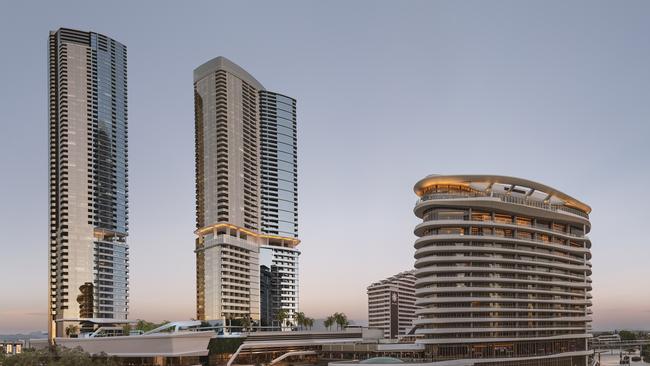 The Star Gold Coast site's new $500m fourth tower planned (far left) at its Broadbeach gaming resort which will measure 63 storeys, 215m high and be operated at 5-star level by an international operator. It has been fast-tracked and likely start construction next year while third tower Dorsett (second from right) is coming out of the ground.