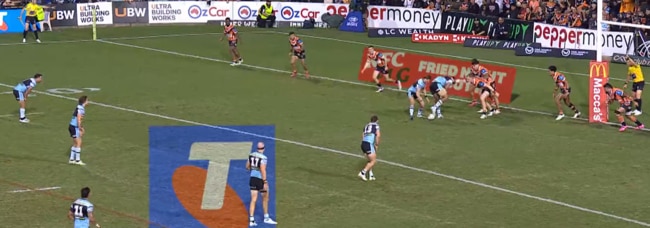 Footage shows Alex Seyfarth not square at marker before the charge down.