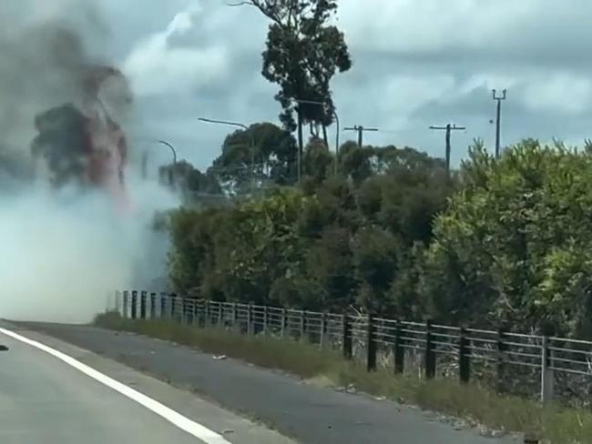 Fire ignites median strip of the M1