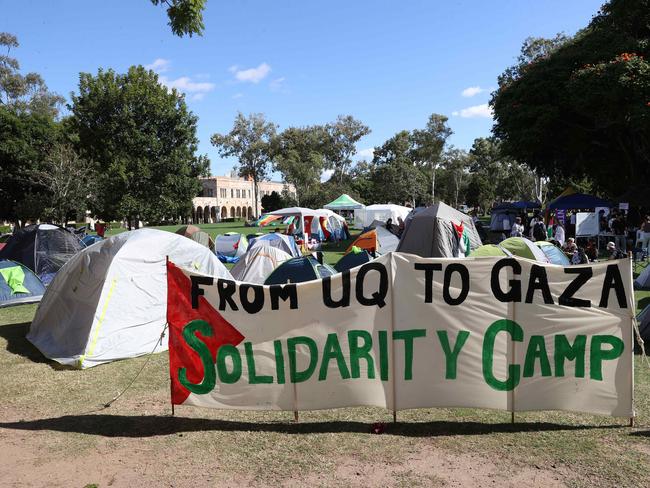 Pro-Palestine and pro-Israel student protests still occupy the Great Court at the St Lucia campus of the University of Queensland. Picture: Liam Kidston