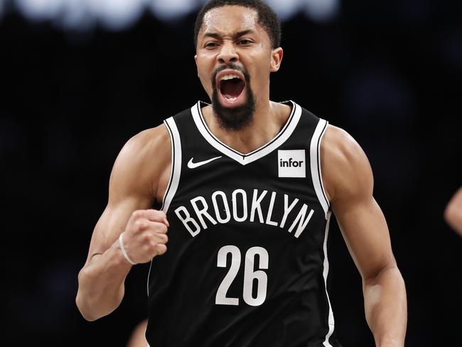 Brooklyn Nets guard Spencer Dinwiddie (26) reacts after hitting a basket during the second half of an NBA basketball game against the Orlando Magic, Monday, Feb. 24, 2020, in New York. (AP Photo/Kathy Willens)