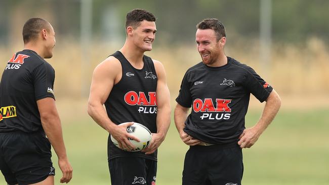 Nathan Cleary and James Maloney are back at training. Picture by Brett Costello.