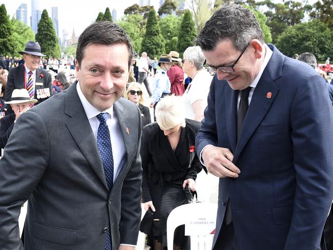 MELBOURNE, AUSTRALIA - NewsWire Photos NOVEMBER 11, 2022: Victorian Premier Daniel Andrews and Opposition Leader Matthew Guy at the Remembrance Day c ceremony at the Shrine of Remembrance in Melbourne. Picture: NCA NewsWire / Andrew Henshaw