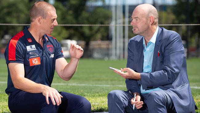 Goodwin speaks with Herald Sun chief football writer Mark Robinson at Gosch’s Paddock. Picture: Sarah Matray