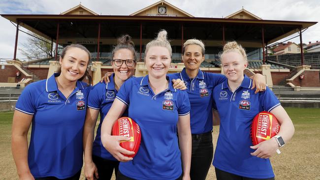 Tassie Kangaroos players, from left, Nicole Bresnehan, Emma Kearney, Daria Bannister, Moana Hope and Emma Humphries at North Hobart Oval. Picture: RICHARD JUPE