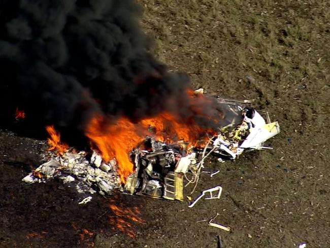 The wreckage of a helicopter crash near the Hawkesbury River. Picture: 7News