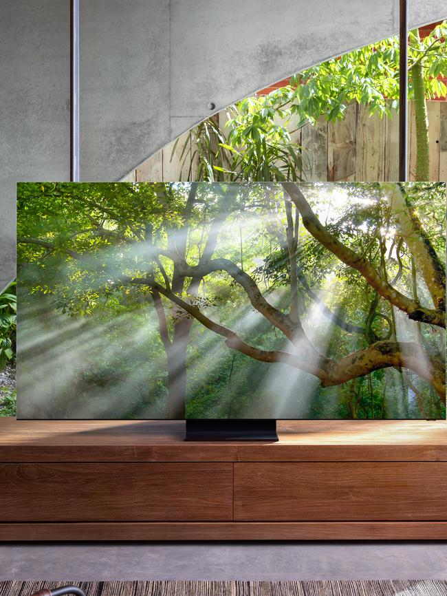 The Samsung Q950TS smart TV is an 85-inch 8K QLED television with an infinity screen without a bezel or frame around the TV. It looks as though the pixels could fall off the sides.