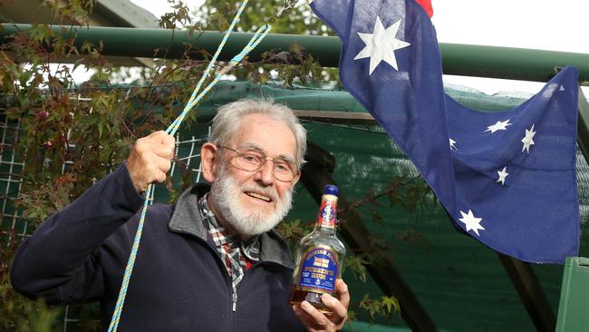 World War II veteran Fred Bottrell, 94, prepares for his backyard Anzac Day tribute. Picture: Hamish Blair