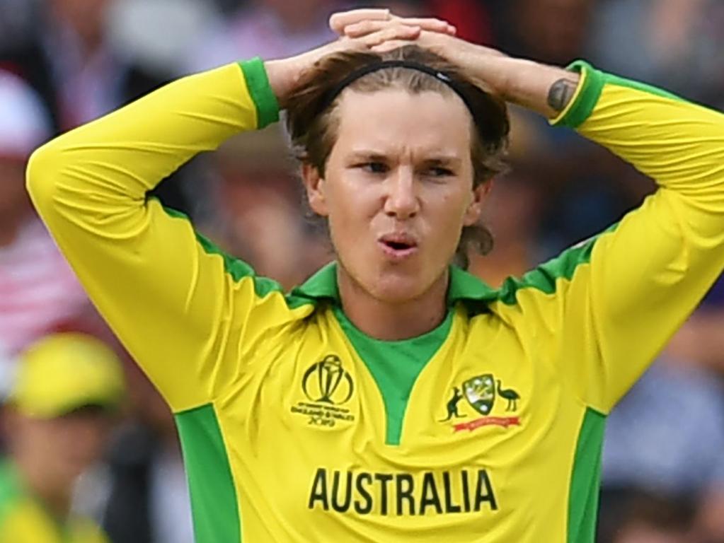 Australia's Adam Zampa reacts during the 2019 Cricket World Cup group stage match between Australia and West Indies at Trent Bridge in Nottingham, central England, on June 6, 2019. (Photo by Paul ELLIS / AFP) / RESTRICTED TO EDITORIAL USE