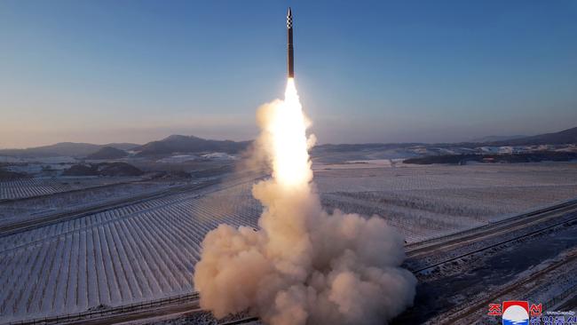 This undated picture released on December 19, 2023, shows the test launch of a Hwasongpho-18 ICBM at an undisclosed location in North Korea. Picture: KCNA VIA KNS / AFP