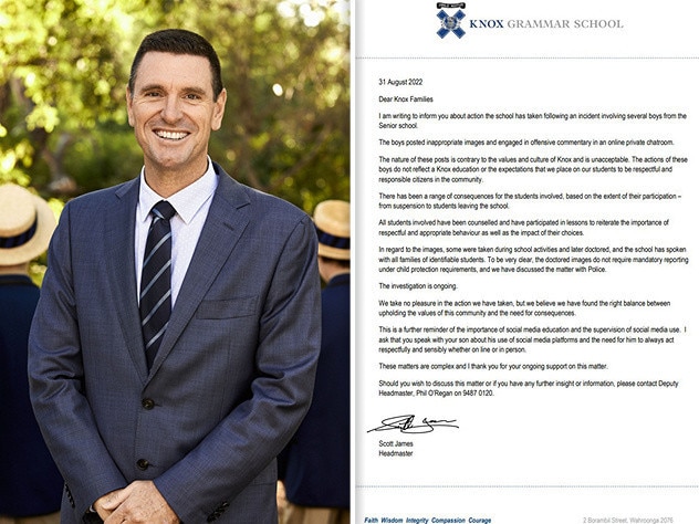 Knox Grammar headmaster Scott James and the letter he sent to parents after The Daily Telegraph contacted him about the Gang Gang chat.