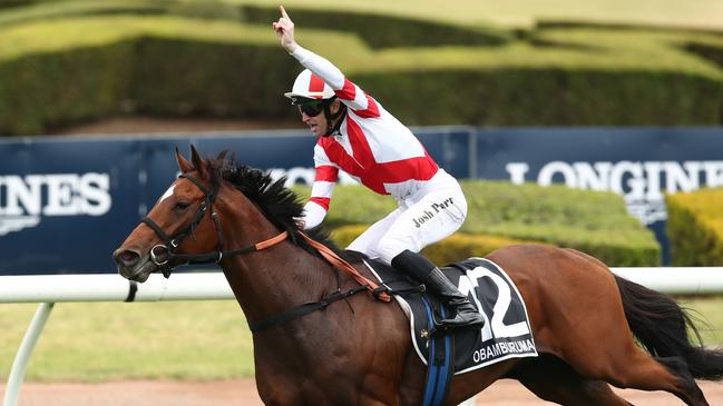 SYDNEY, AUSTRALIA - NOVEMBER 04: Joshua Parr riding Obamburumai wins Race 8 James Squire Golden Eagle during Sydney Racing at Rosehill Gardens on November 04, 2023 in Sydney, Australia. (Photo by Jason McCawley/Getty Images)