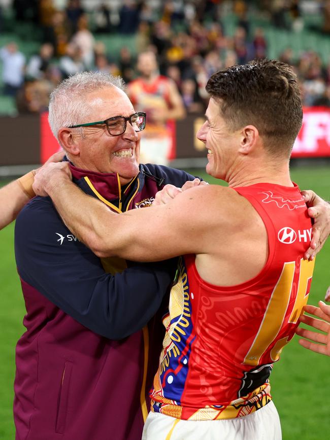 Fagan with Dayne Zorko after coaching his 200th game with Brisbane.