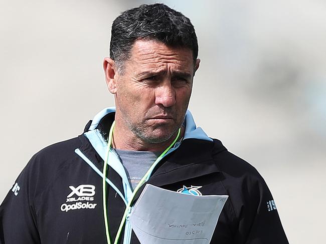 Cronulla coach Shane Flanagan during a Cronulla Sharks training session at Southern Cross Group Stadium, Cronulla ahead of their first finals game against the Roosters. Picture: Brett Costello