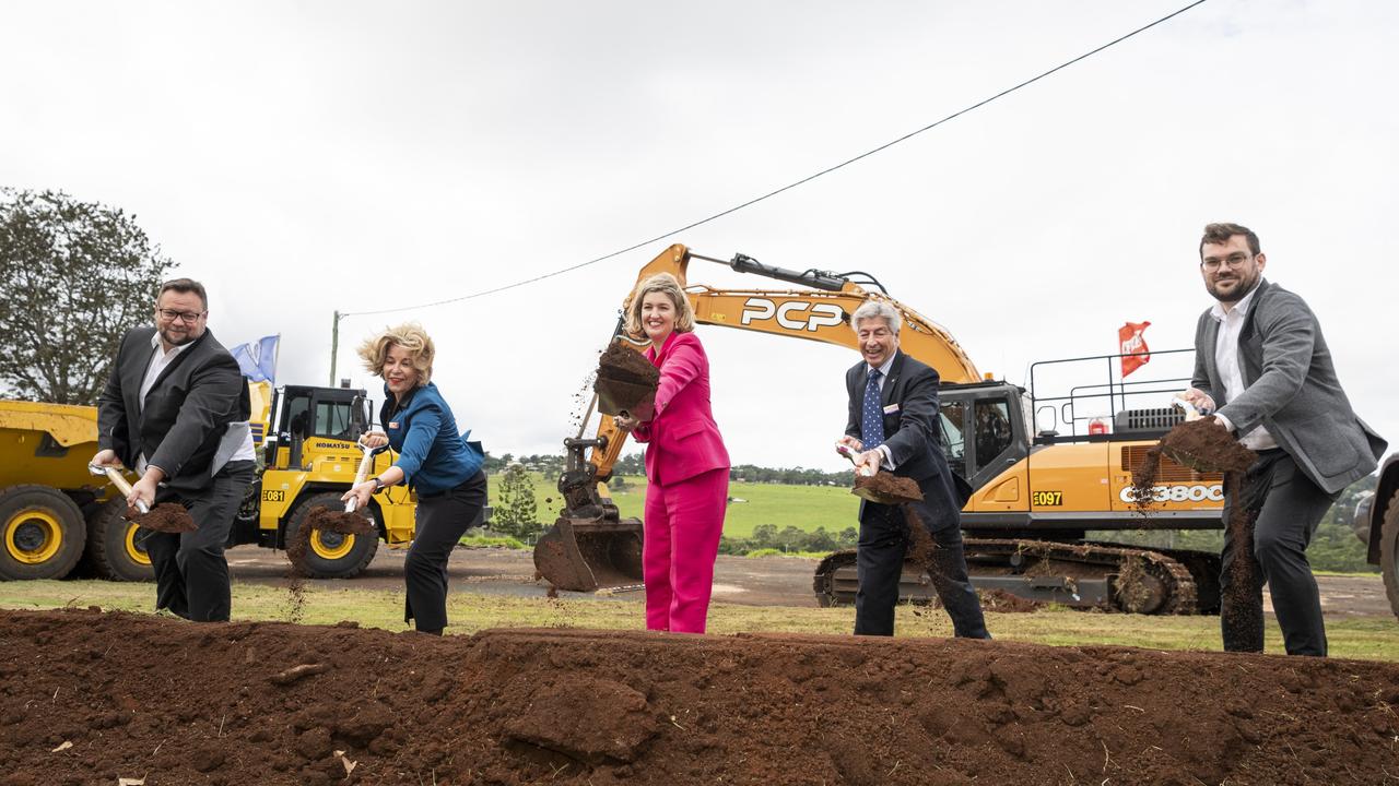 Health Minister Shannon Fentiman (centre) leads the sod turning of the new Toowoomba Hospital, Friday, May 3, 2024. Picture: Kevin Farmer