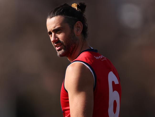 MELBOURNE, AUSTRALIA - SEPTEMBER 06: Brodie Grundy of the Demons looks on during a Melbourne Demons AFL training session at Gosch's Paddock on September 06, 2023 in Melbourne, Australia. (Photo by Robert Cianflone/Getty Images)